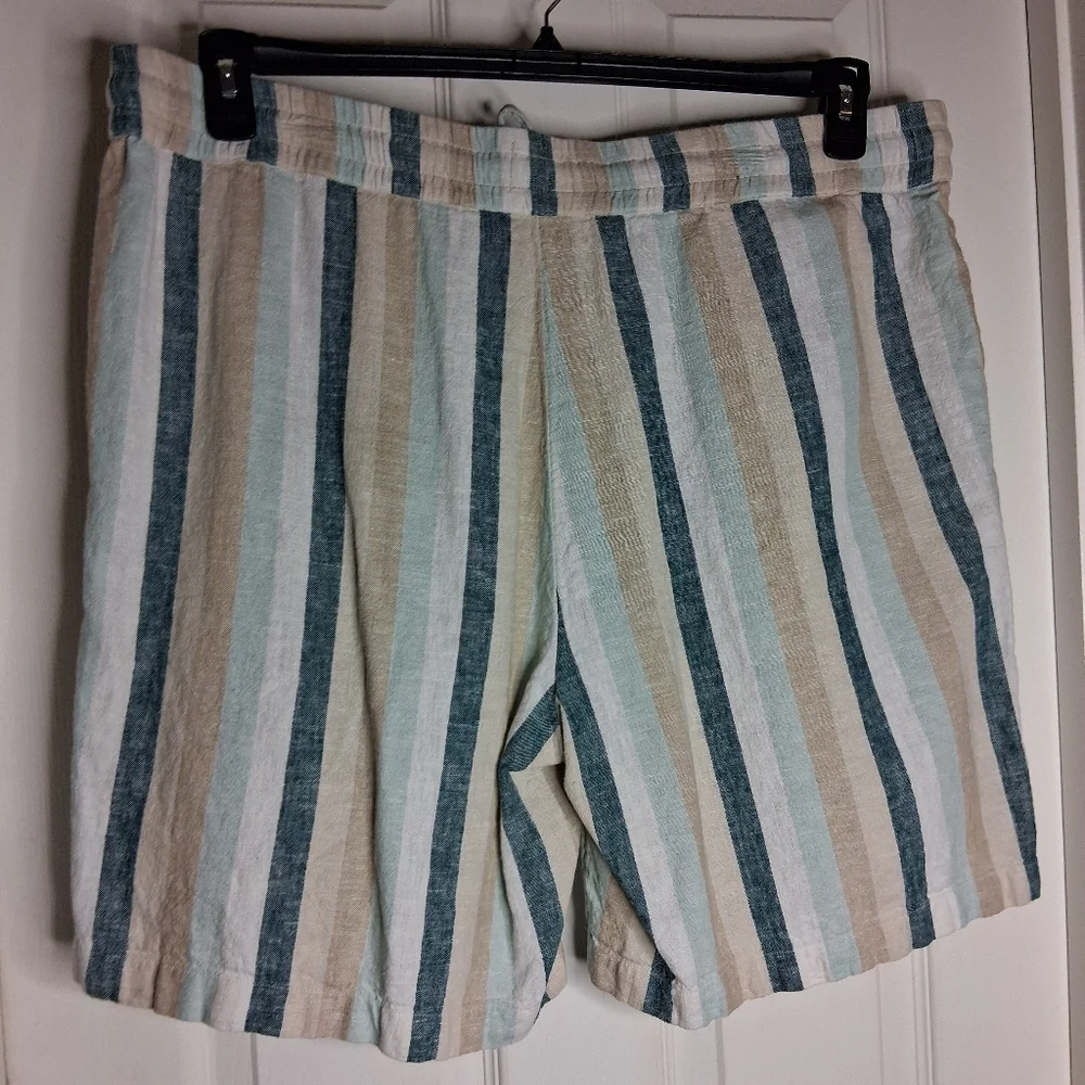 Naturals Drawstring Linen-Blend Shorts in Teal, Beige & White Stripes Sz XL - Picture 5 of 8
